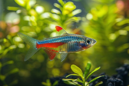 Detailed stock image of a neon tetra with its vibrant blue and red striped body against a backdrop of green aquarium plants