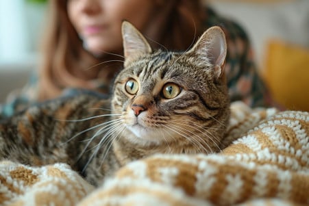Tabby cat staring intently at a woman coughing into a tissue in a well-lit room