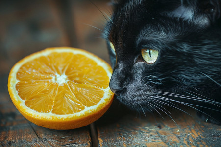 Black cat with green eyes cautiously sniffing a halved orange on a wooden table
