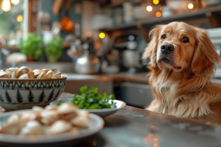 Golden Retriever sitting on a kitchen counter, eagerly watching a plate of steamed clams
