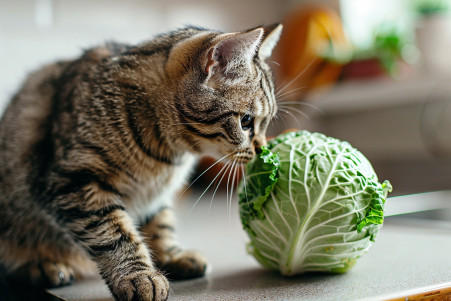 Tabby cat sniffing a head of green cabbage on a kitchen counter