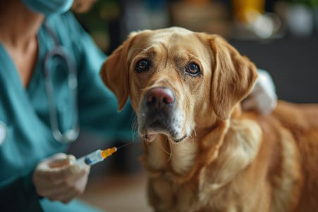 Veterinarian's hand administering a vaccine to the hind leg of an alert Labrador Retriever