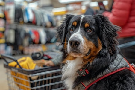 Bernese Mountain Dog wearing a service dog vest standing next to a TJ Maxx shopping cart, with blurred clothing items in the background