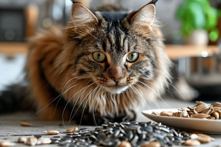Maine Coon cat sniffing at a pile of black and white sunflower seeds on a table