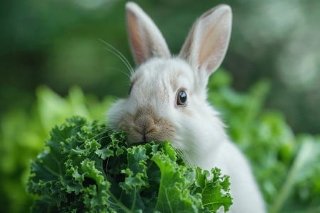 White Hulstlander rabbit munching on a fresh green kale leaf indoors