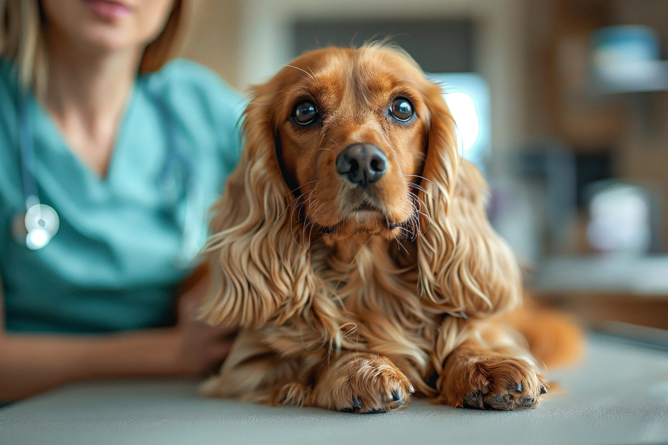 Cocker Spaniel on a vet's exam table, with the vet's hand examining its abdomen