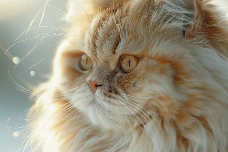 Close-up portrait of a thoughtful, squinting-eyed Persian cat with fluffy, creamy-white fur