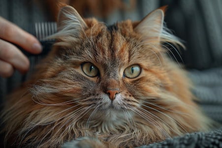 Siberian cat sitting calmly as its owner uses a grooming tool to remove loose fur