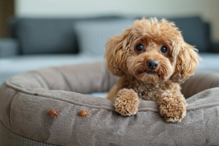 Poodle sniffing around a pet bed, with a bed bug crawling nearby
