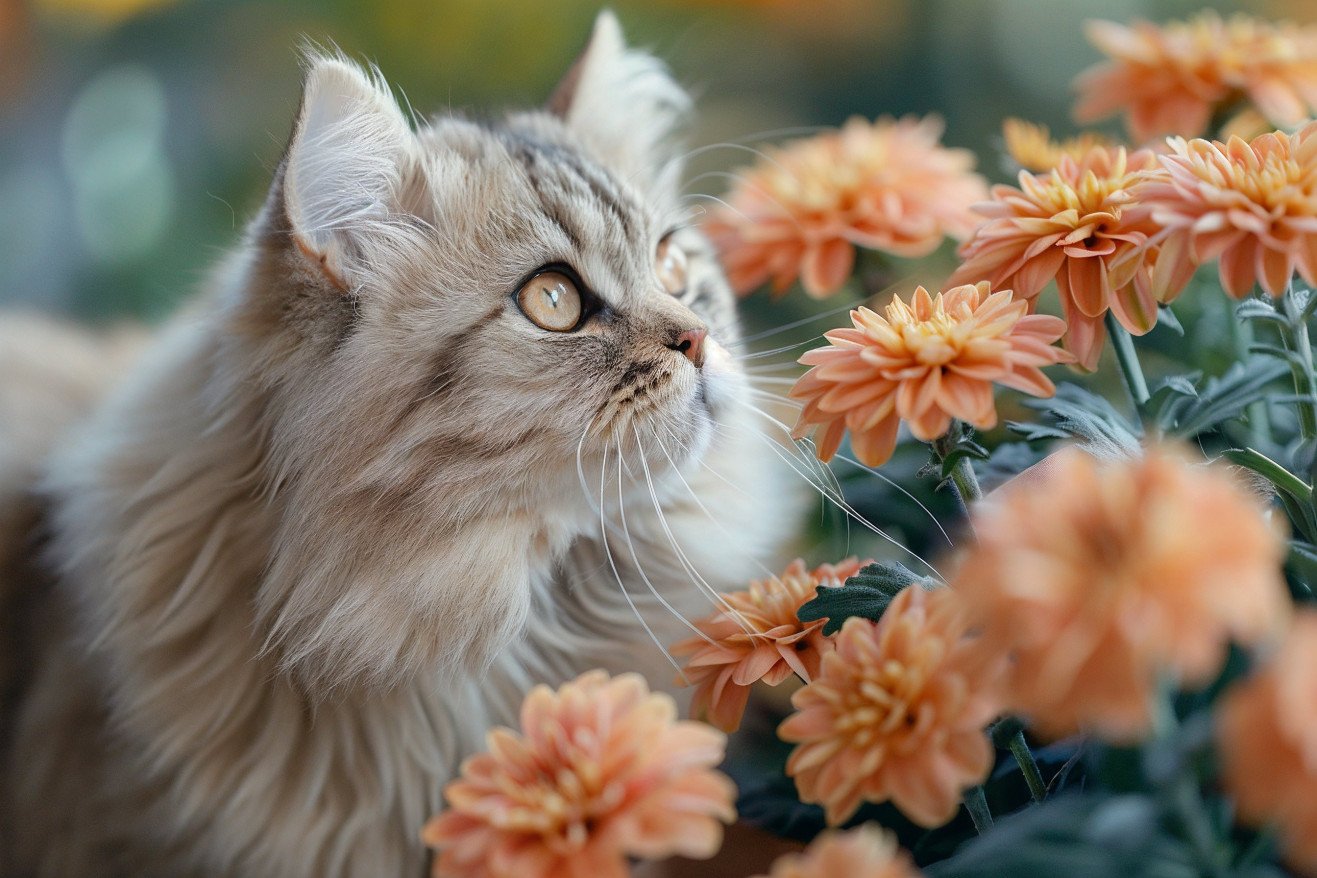 Close-up of a curious Persian cat sniffing a potted mum flower with a worried expression