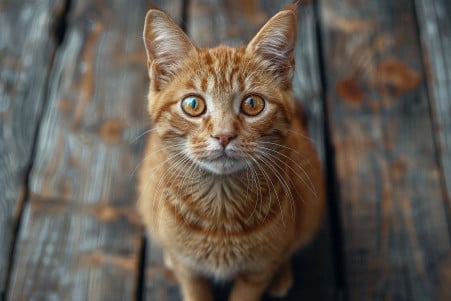 Orange tabby cat with bright amber eyes looking directly at the camera on a wooden floor