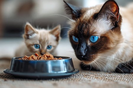Close-up of a female Siamese cat with blue eyes watching a Siamese kitten eating from a food bowl in a cozy living room setting