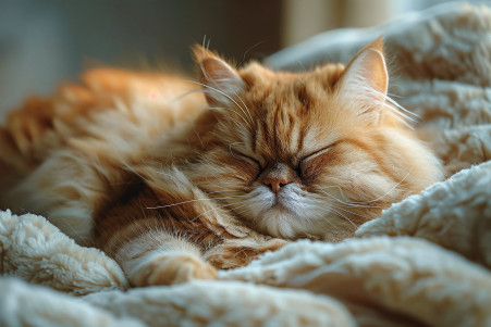 Persian cat with a flat face resting on a plush bed, looking distressed and wheezing