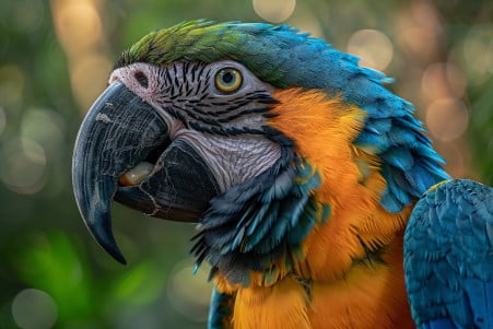 Close-up portrait of a vibrant blue and yellow macaw intently eyeing a piece of raw chicken