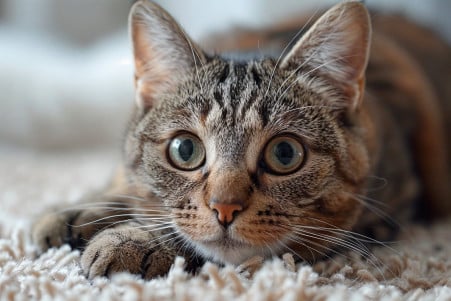 Close-up of a tabby cat looking guilty and avoiding eye contact after peeing on a beige carpet