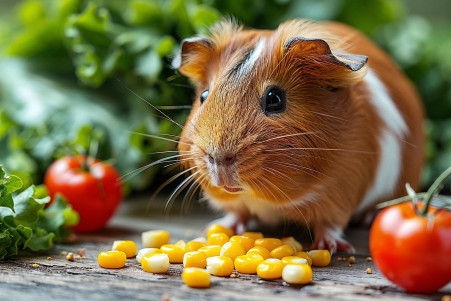 Abyssinian guinea pig with a distinct rosette-patterned coat investigating a small pile of cut corn kernels surrounded by fresh timothy hay and leafy greens