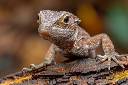A brown lizard quickly darting away from the camera, its mouth half-open as if about to bite, on a wooden branch or tree trunk with a natural, leafy backdrop