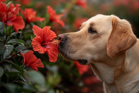 Labrador Retriever sniffing a red hibiscus flower in a lush garden setting
