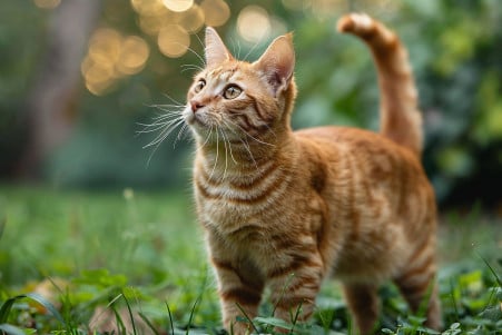 Orange male tabby cat with a thick, striped coat standing alert and sniffing the air in a lush backyard setting
