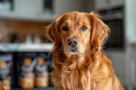 Golden Retriever sitting in front of an open bag of Kirkland Signature dog food, looking attentively at the camera