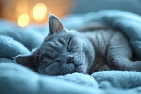 Serene blue British Shorthair cat sleeping in bed with a gentle focus on its peaceful face