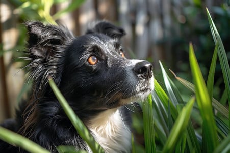 Border Collie sniffing a large, green yucca plant in a sun-dappled backyard