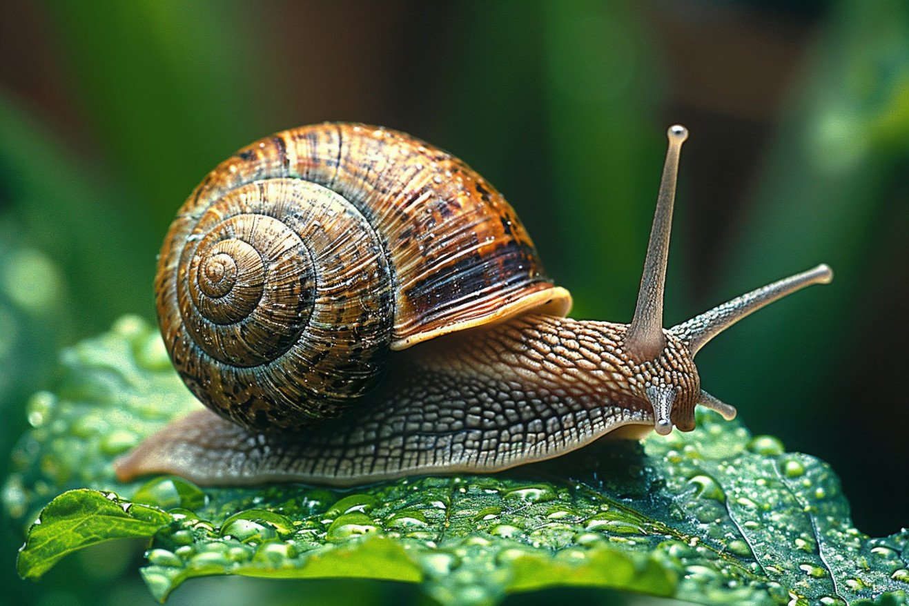 Close-up of a large, brown garden snail crawling on a leaf in a lush garden setting