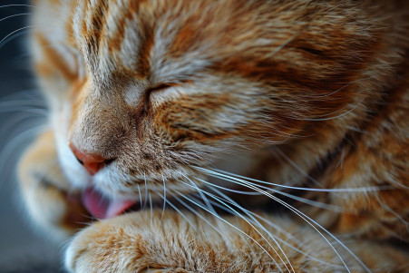 Close-up of a domestic shorthair cat licking its paw with its rough, textured tongue