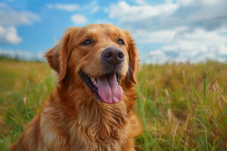 Golden retriever with mouth open, tongue hanging out, panting heavily in a grassy outdoor setting