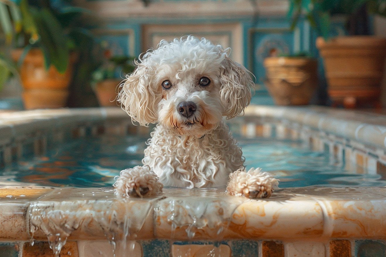 Portrait of a wet Poodle with a thick, curly white coat sitting on the edge of a swimming pool, looking unsure with one paw dipped in the water