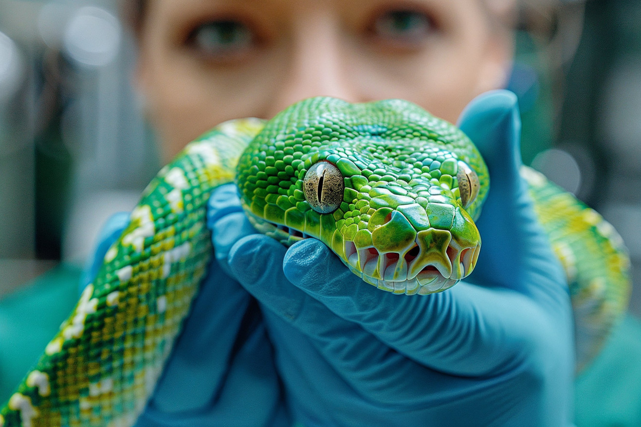 Person in blue medical gloves carefully examining a green tree python
