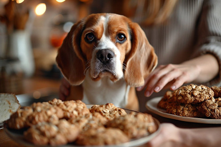 Curious Beagle sitting on a kitchen counter, looking at a plate of freshly baked oatmeal cookies