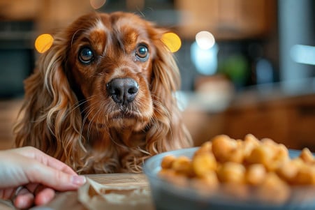 Curious Cocker Spaniel sniffing a bag of cheese puff snacks, with the owner's hands trying to move the bag away