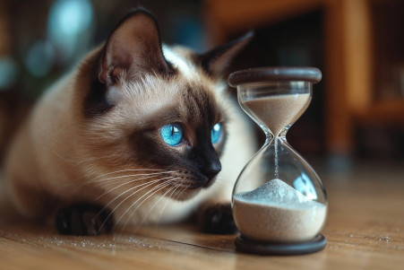 Siamese cat intently staring at a trickling hourglass in a room with soft natural light