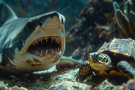 Close-up view of a shark's open jaws with sharp teeth approaching a turtle that has retracted its head and limbs into its protective shell