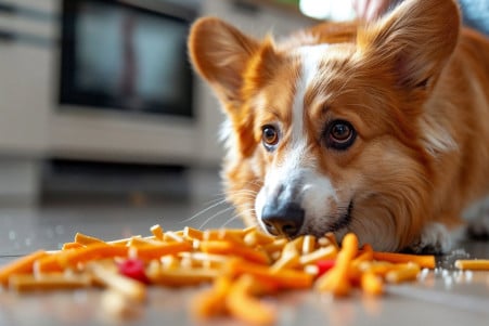 Detailed image of a worried dog owner quickly sweeping aside a scattered pile of veggie straws as a Corgi sniffs them curiously in a kitchen setting