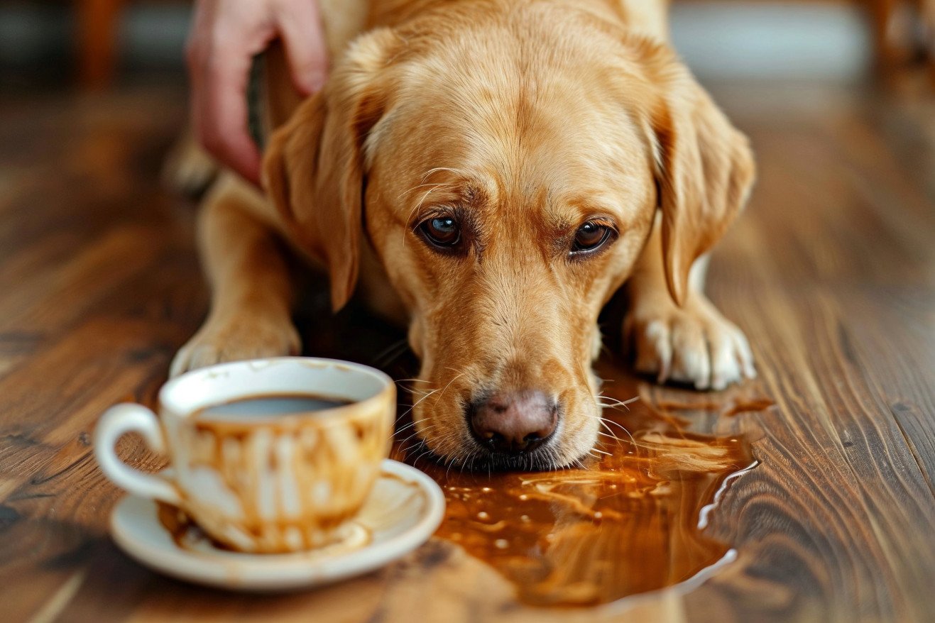 Labrador Retriever sniffing a spilled cup of hot coffee on a hardwood floor, with a concerned expression