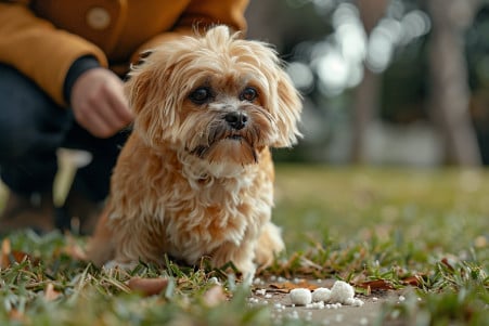 Concerned owner examining white dog poop on the ground, with a curious Shih Tzu sniffing the unusual feces on a well-manicured lawn