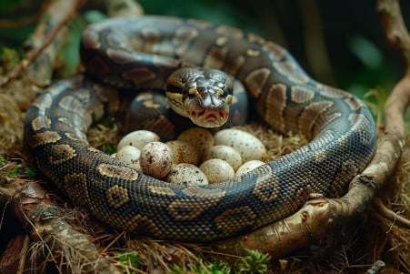 A large python snake curled around a clutch of oval-shaped eggs, nestled in a shallow burrow lined with moss and twigs