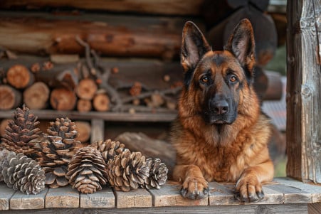 German Shepherd dog in a protective stance, investigating a scattered pile of pine cones on a rustic wooden porch