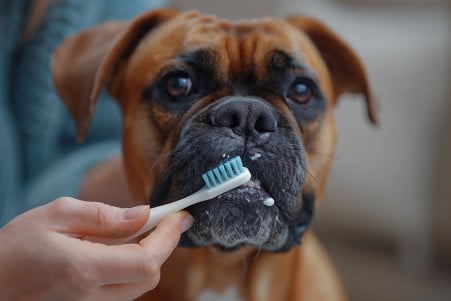 Boxer dog with its mouth closed, refusing to let its owner brush with a human toothbrush