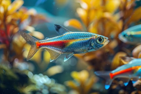 A single neon tetra with its signature blue and red stripe swimming among a group of its kind in a dimly lit, heavily planted aquarium