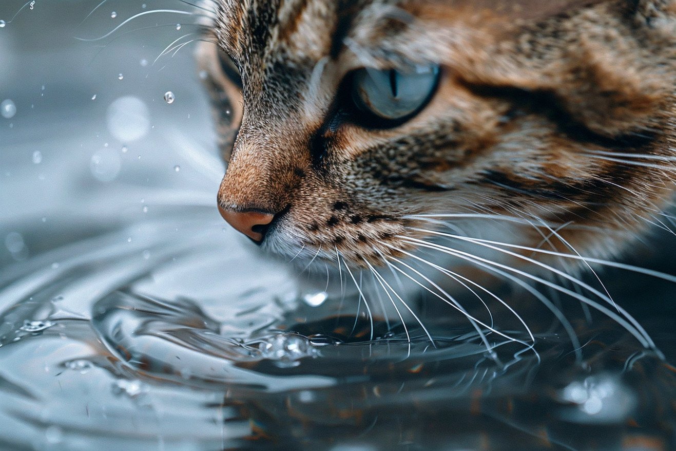 Close-up of a tabby cat sniffing a bowl of fresh water, with its whiskers and wet nose in sharp focus