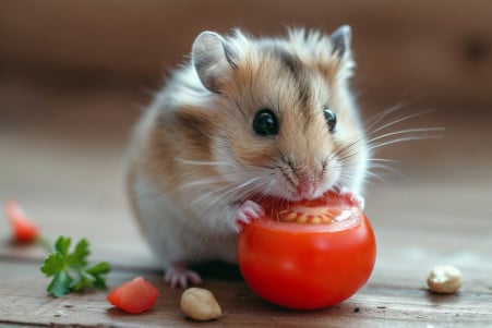 Syrian hamster examining a piece of ripe red tomato on a wooden surface with blurred seeds and vegetables in the background