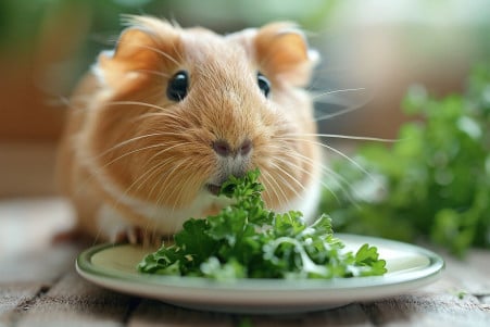 American guinea pig sniffing a plate of chopped parsley in a spacious habitat