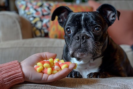 Boston Terrier sitting patiently as a child's hand places candy corn in front of it, with the dog looking apprehensive