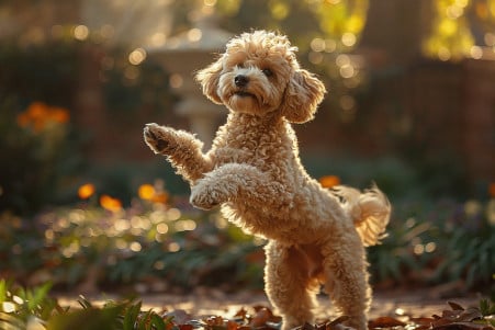 Photorealistic image of a mixed-breed poodle dog with a fluffy, light-colored coat, standing upright with one front paw raised, as if engaged in air humping behavior, in a well-lit, tranquil garden filled with verdant plants and warm sunlight.