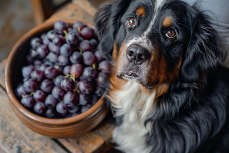 Concerned Bernese Mountain Dog standing next to a spilled bowl of purple grapes in a home setting