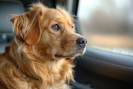Medium-sized mixed breed dog shedding its fluffy golden coat in the backseat of a car