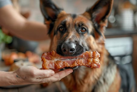 German Shepherd dog with a pleading look as its owner takes away a cooked ham bone